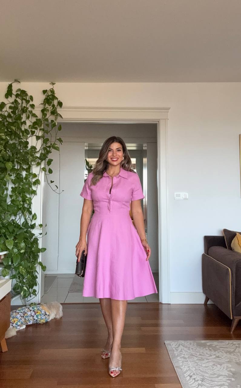 GÖMLEK YAKA DETAYLI KISA KOL ELBİSE - PEMBE