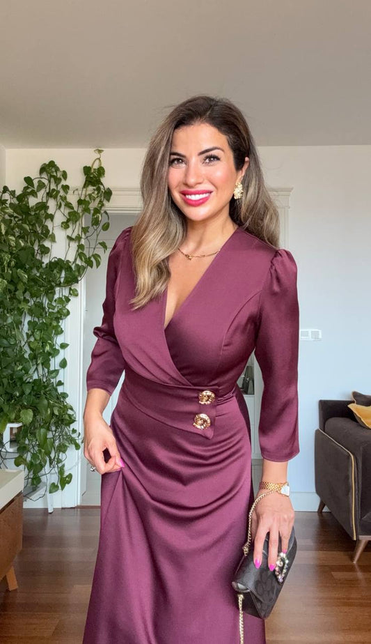 GOLD DÜĞME DETAYLI ELBİSE - MÜRDÜM