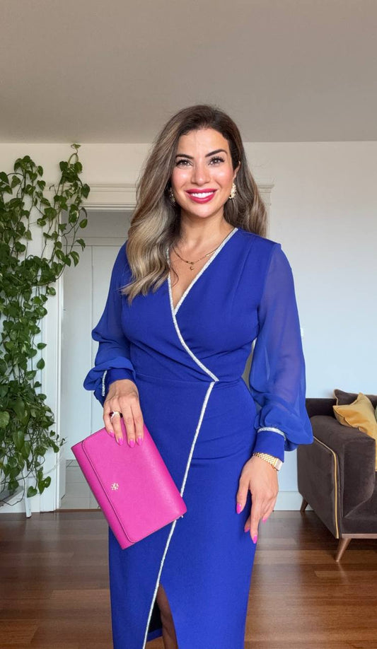 İNCI BIYELI KRUVAZE MIDI ELBISE - MAVI