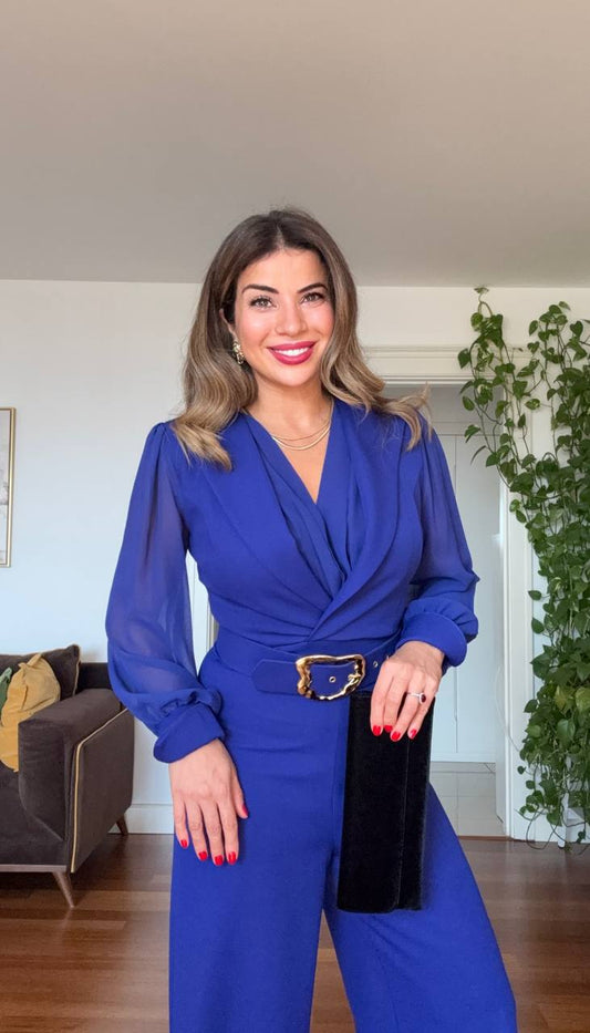GOLD TOKA DETAYLI ŞİFON KOL TULUM – SAFİR MAVİ