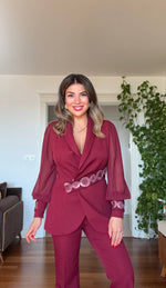 ŞİFON DETAYLI BEL İŞLEMELİ TAKIM – BORDO