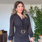 GOLD TOKA DETAYLI KRUVAZE ELBİSE – SİYAH