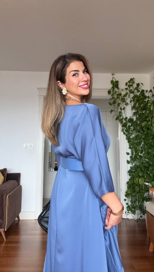 OVERSIZE KEMERLİ MİDİ ELBİSE - İNDİGO