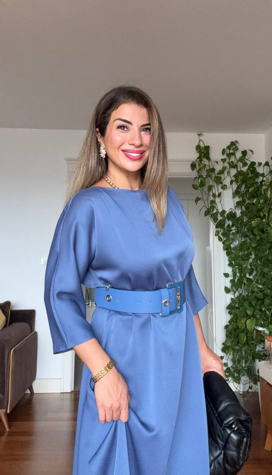 OVERSIZE KEMERLİ MİDİ ELBİSE - İNDİGO
