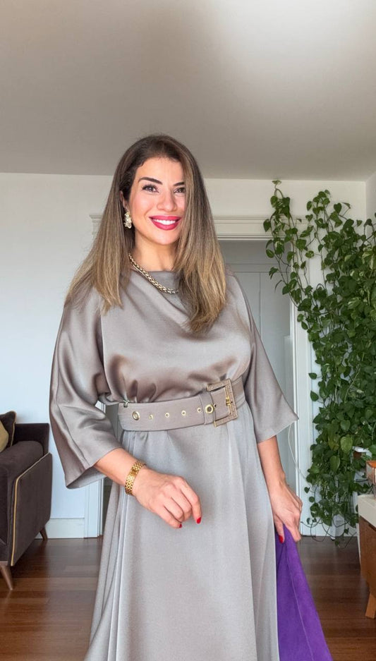 OVERSIZE KEMERLİ MİDİ ELBİSE - MİNT