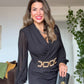 ZİNCİR KEMER DETAYLI MİDİ ELBİSE - SİYAH