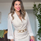 ELEGAN V YAKA BEL KEMER DETAYLI ELBİSE - BEJ