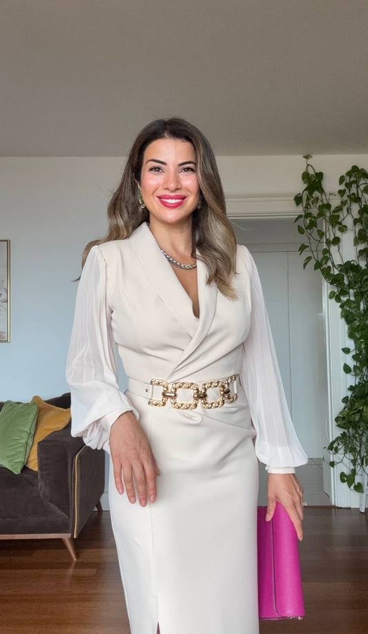 ELEGAN V YAKA BEL KEMER DETAYLI ELBİSE - BEJ