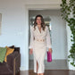 ELEGAN V YAKA BEL KEMER DETAYLI ELBİSE - BEJ