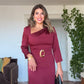 ASİMETRİK YAKA KEMER DETAYLI SATEN MİDİ ELBİSE - BORDO