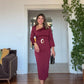 ASİMETRİK YAKA KEMER DETAYLI SATEN MİDİ ELBİSE - BORDO