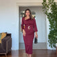 ASİMETRİK YAKA KEMER DETAYLI SATEN MİDİ ELBİSE - BORDO