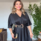 LEOPAR KEMER DETAYLI SATEN ELBİSE – SİYAH