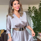LEOPAR KEMER DETAYLI SATEN ELBİSE – VİZON