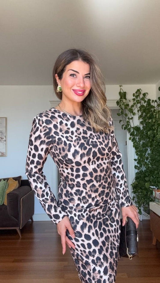 LEOPAR DESENLİ UZUN KOLLU MİNİ ELBİSE