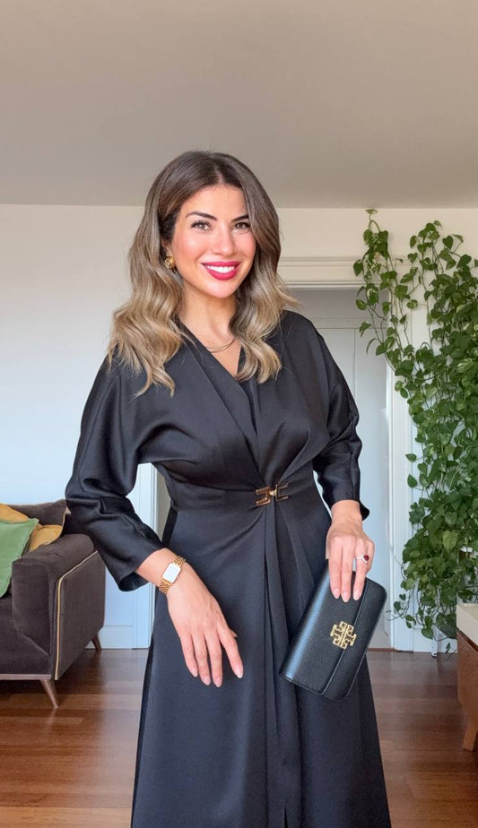 GOLD TOKA DETAYLI MİDİ ELBİSE - SİYAH