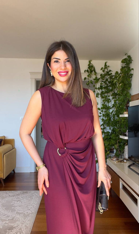 BELDEN TOKALI ELBİSE - BORDO