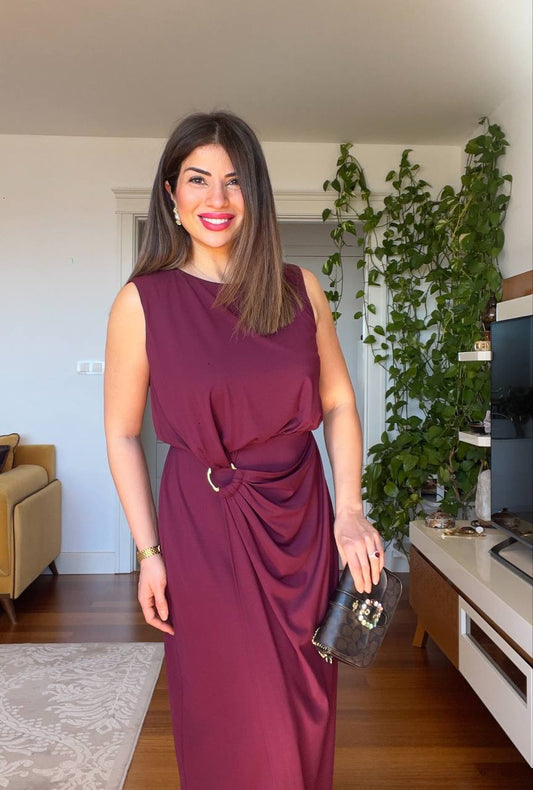 BELDEN TOKALI ELBİSE - BORDO