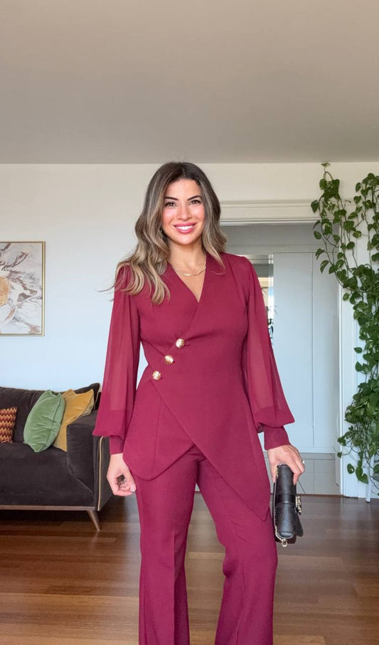 ASİMETRİK KESİM BLAZER TAKIM - BORDO