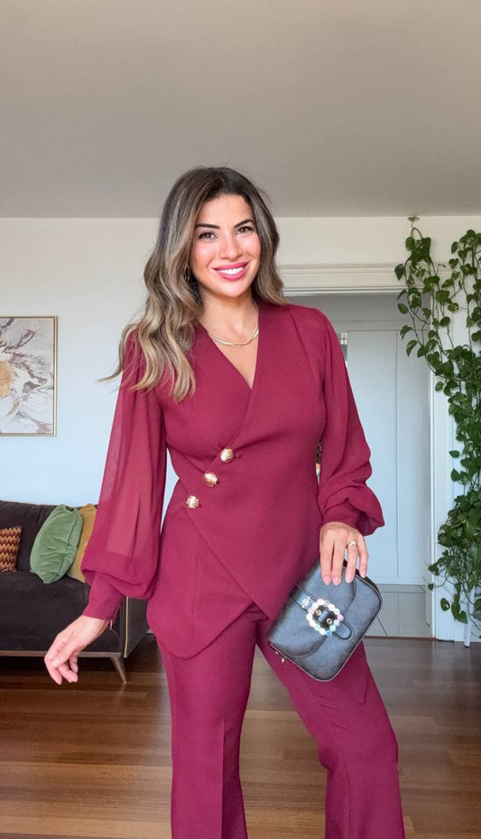 ASİMETRİK KESİM BLAZER TAKIM - BORDO