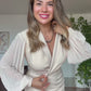ELEGAN V YAKA BEL KEMER DETAYLI ELBİSE - BEJ